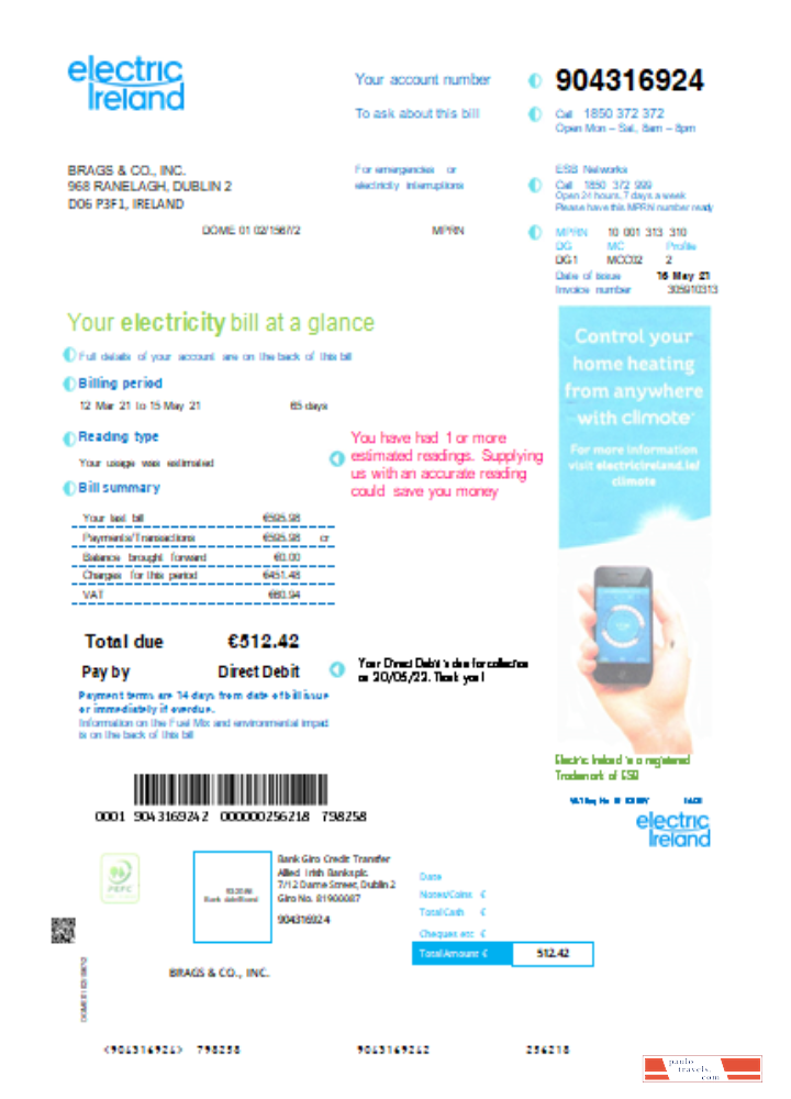 Electric Ireland utility business bill SCR PSD template